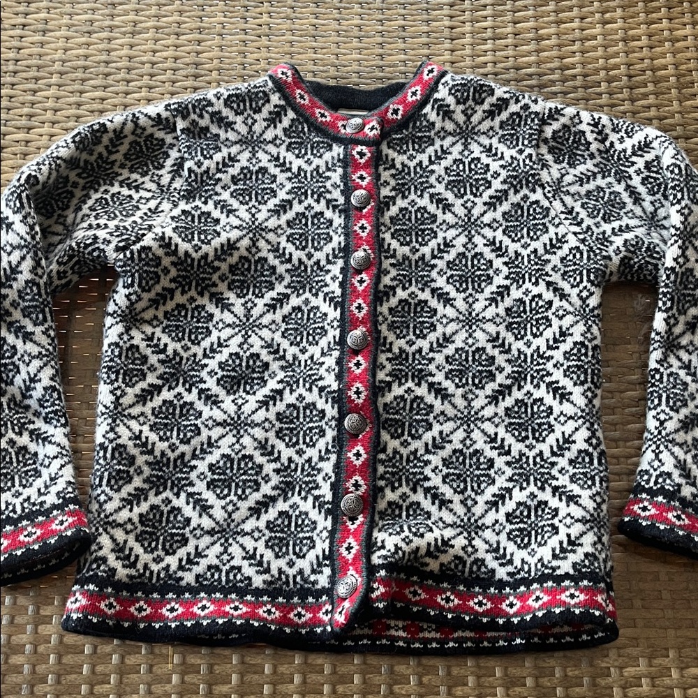 L.L. Bean Black and White Nordic Button-Front Cardigan with Red Trim